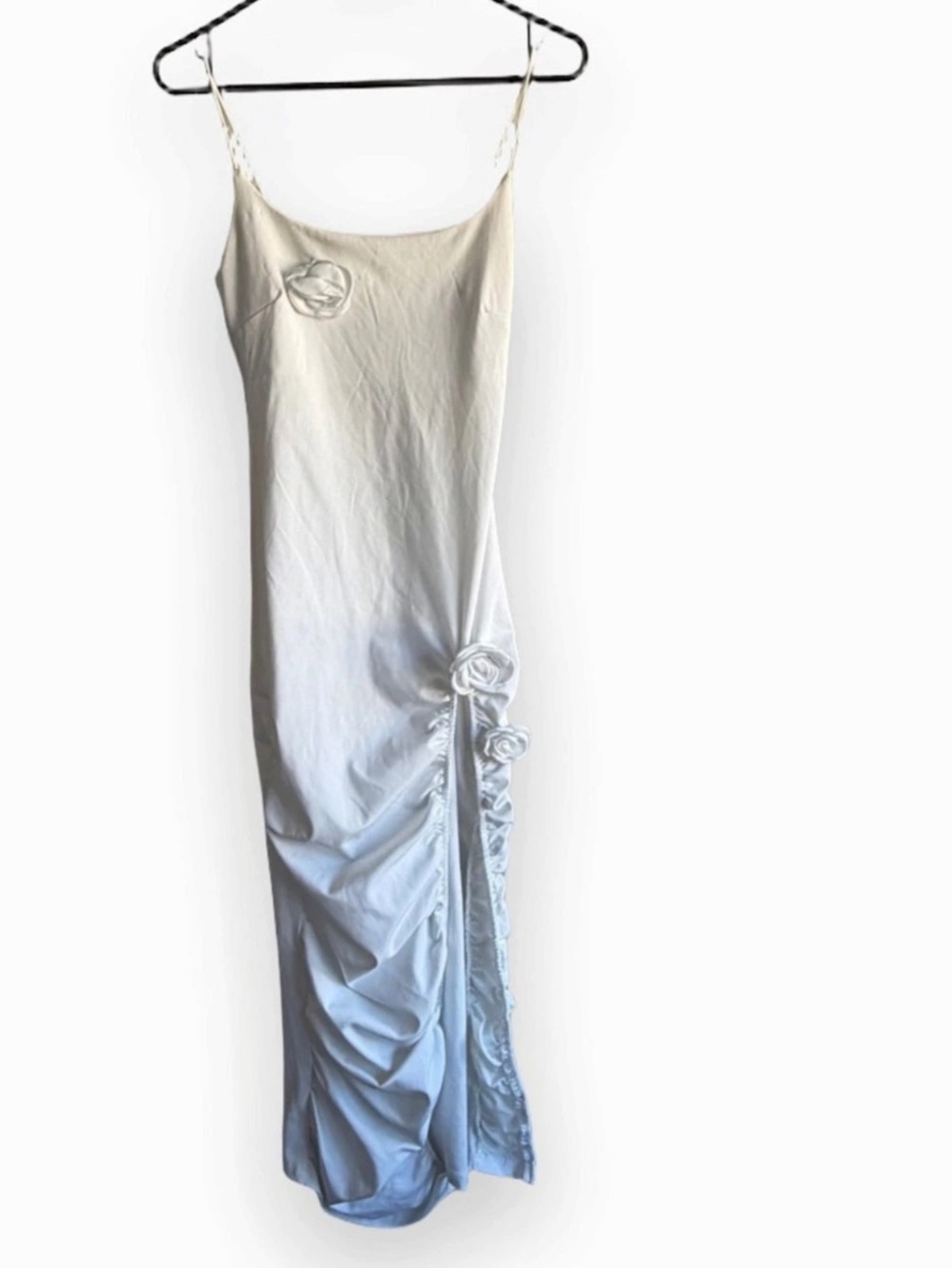 Ivory White Ruched Rosette Roses Maxi Dress - SIZE SMALL